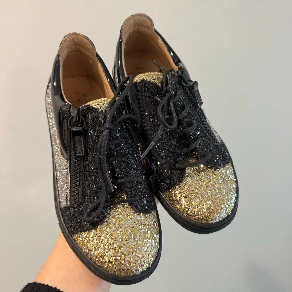 Giuseppe Zanotti Kids Black Gold Glitter Low Top Zipper Sneakers Size‎ 32